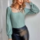thumbnail image 4 of Top de manga larga para mujer, cuello en U, camisa de punto con huecos, jersey de Color puro, blusa, traje de otoño e invierno, verde guisante S, 4 of 7