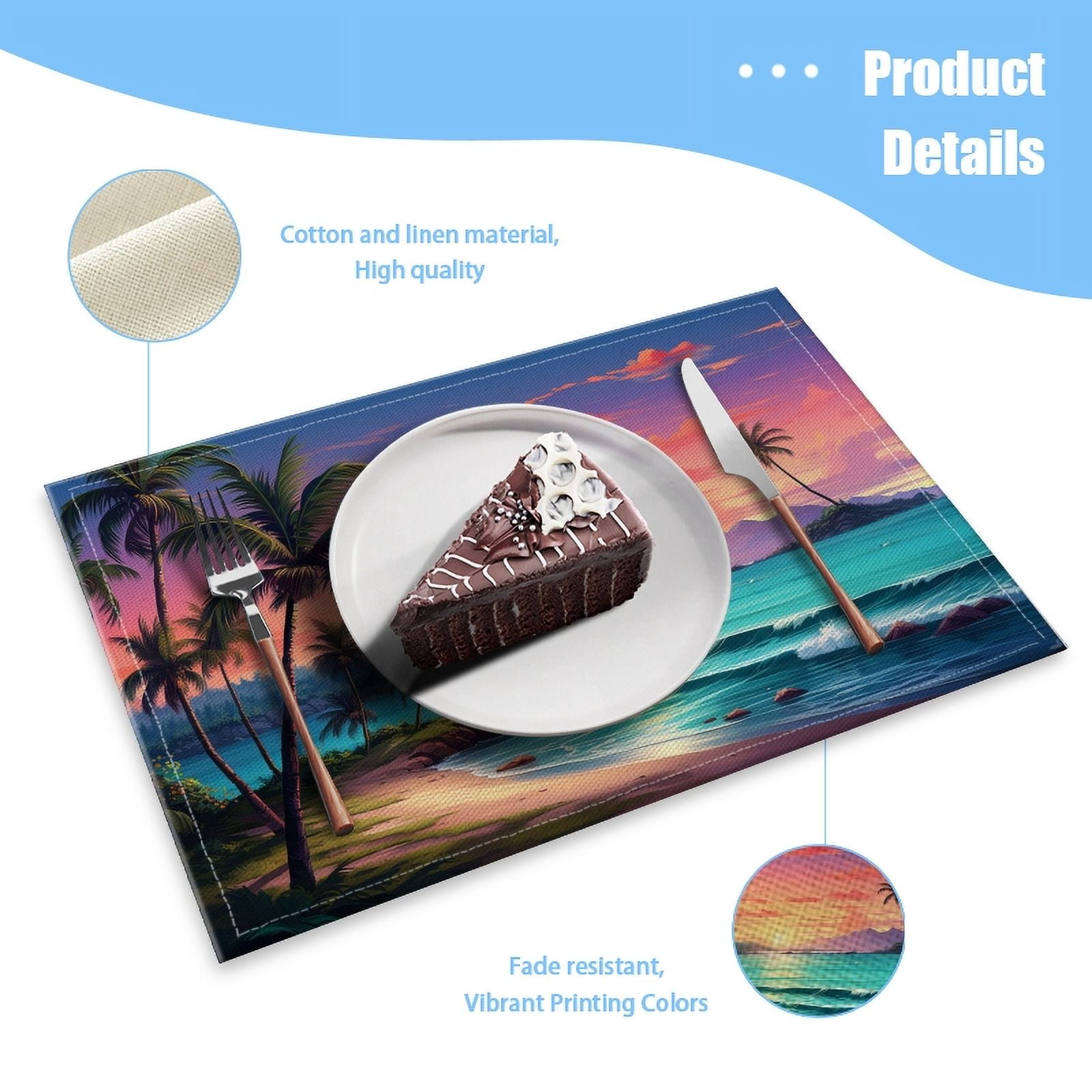 BaHomeck placemats Set of 4 rectangle Linen Cotton Placemats for Dining Table Washable Heat Resistant,18*12inch,Beautiful Tropical Beach With Palm Trees And The Sun Setting