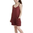 thumbnail image 4 of Girls Summer Casual Romper Spaghetti Strap Shorts Loose Fit Sleeveless Jumpsuit with Pockets (13 Years, Red), 4 of 7
