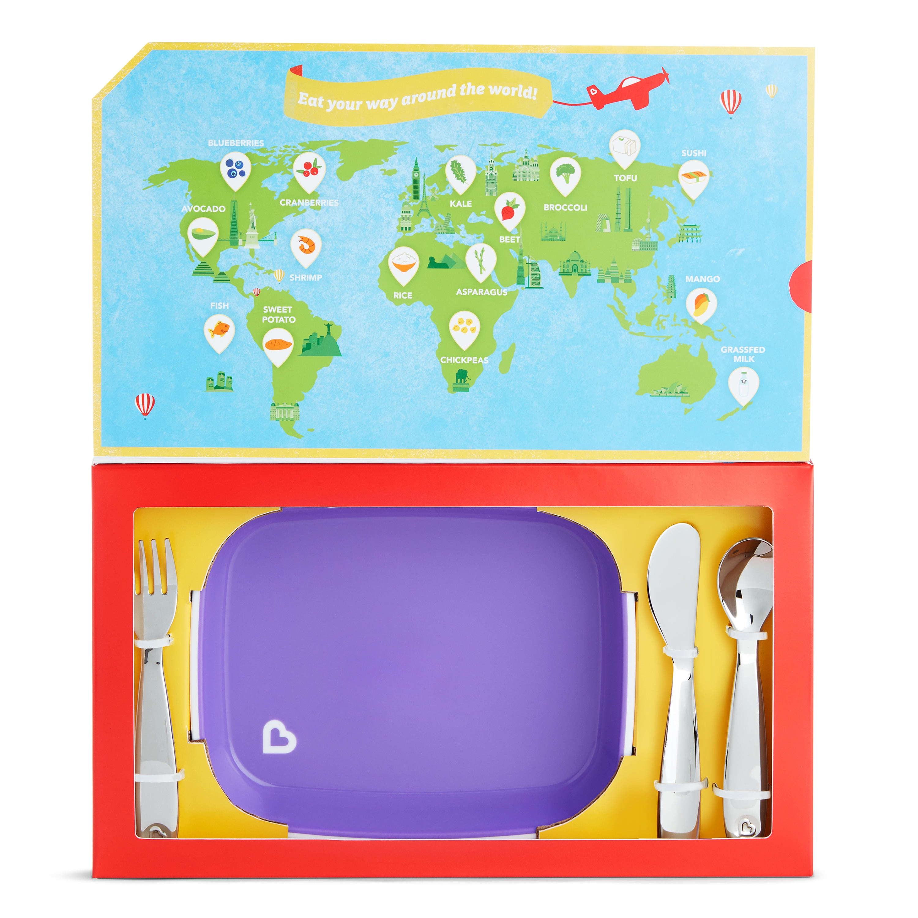 Munchkin® Food Adventure Splash™ Toddler Dining Set, Includes Plate and Stainless Steel Utensils, Purple