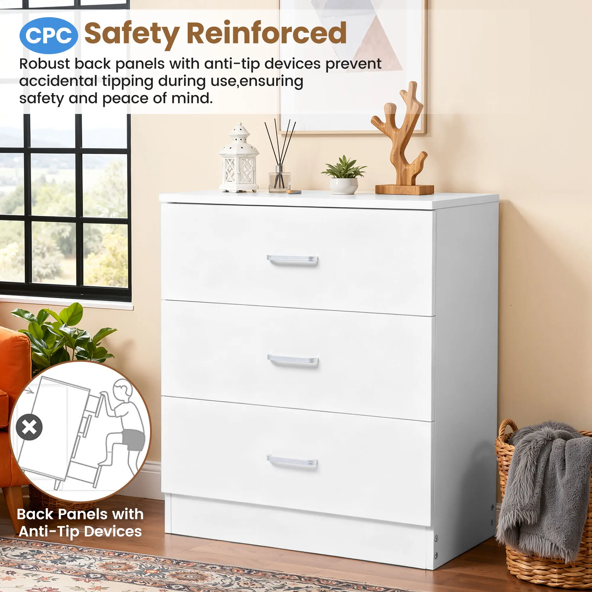 Enyopro Dresser for Bedroom, Wood 3 Drawer Dresser Storage Drawer, White Living Room Hallway Closets Drawer Chest