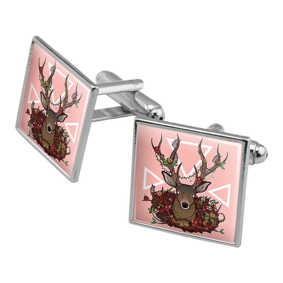Deer Head Floral Square Cufflink Set - Silver or Gold