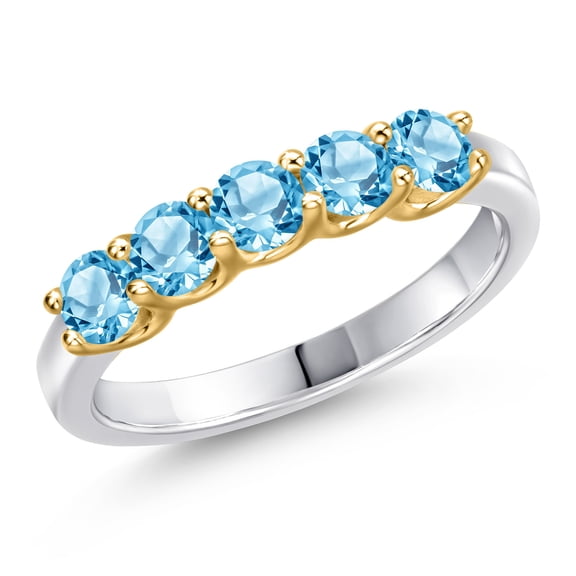 Gem Stone King 10K Two Tone Gold Swiss Blue Topaz Wedding-Bands Ring for Women | 1.00 Cttw | Round 3.5MM | Gemstone November Birthstone | Size 7