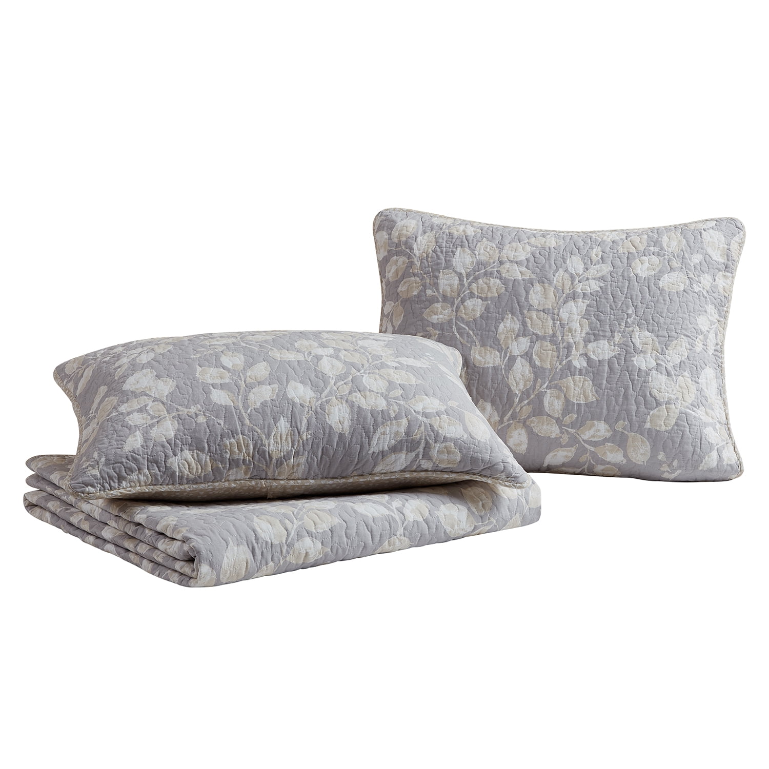 Camden Leaves Grey/Neutral 2 Piece Cotton Quilt Set - Twin