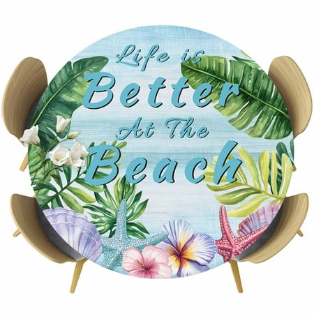 Round Fitted Tablecloth Ocean Beach Shells Starfish Circle Table Cover Waterproof Table Cloth with Elastic Edge Flower Monstera Tropical Plant Outdoor Tablecloths for Kitchen Picnic 55-60in