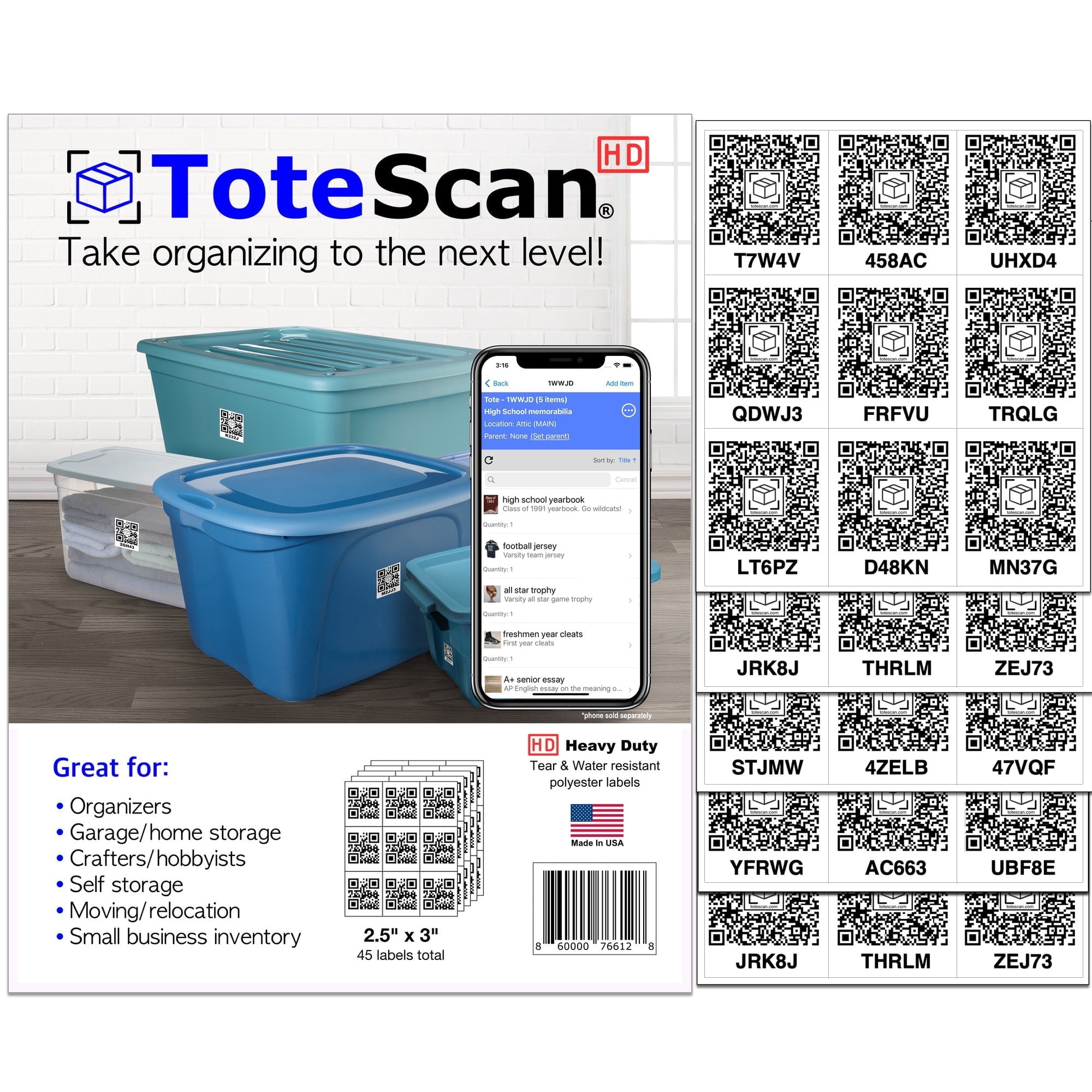 ToteScan HD (Heavy Duty, Polyester) Intelligent QR Labels for Organization/Moving/Storage