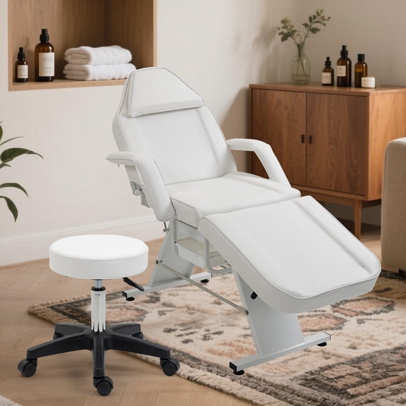 Thanaddo 3-Section Adjustable Tattoo Chair with Hydraulic Stool & Dual Trays, Facial Esthetician Massage Chair for Salon Spa, White