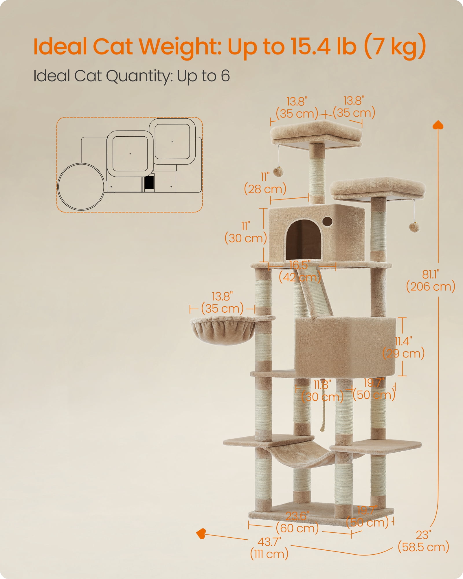 81.1"H Cat Tree Cat Tower for Indoor Cats, Plush Multi-Level Cat Condo with Scratching Posts, Perches, Caves, Hammock, Camel Brown