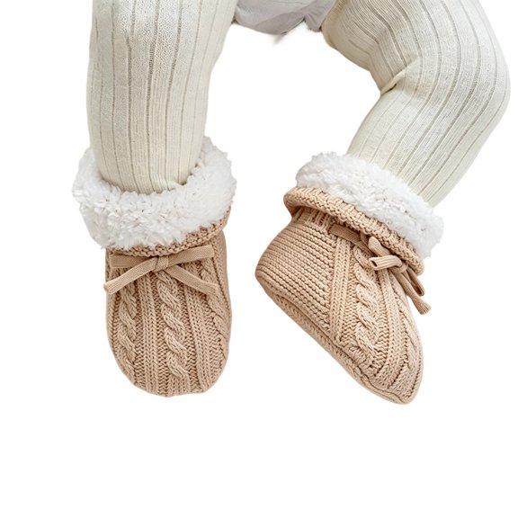 Baby Knitted Lined Booties, Soft Sole Cable Knit Pre Walker Shoes with Bow Tie, Warm Fall Winter Sock Boots for Baby Boys Girls Indoor Wear(Khaki1,6-12 Months)