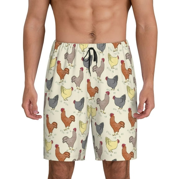 Tideii Funny Chicken Print Men's Short Pajama Pants, Elastic Pocket Summer Pajama Pants Sleepwear, Lounge Pants-Small