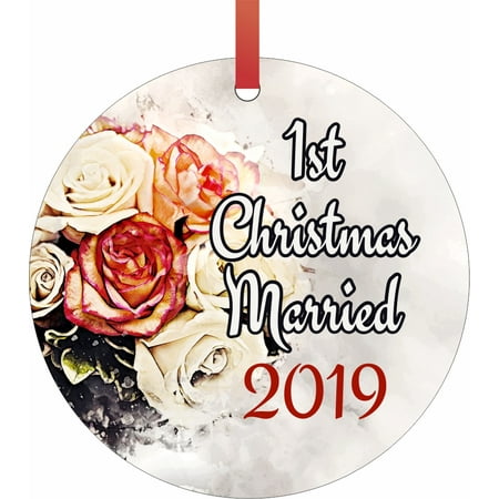 First Christmas Tree Ornaments Ornament Newlyweds 1st Christmas Married 2019 1st Round Shaped Flat Semigloss Aluminum Christmas Ornament Tree Decoration ()
