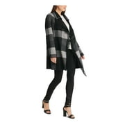 DKNY Women's Peat oat Large Plaid Fringe Trim Open Front Black L