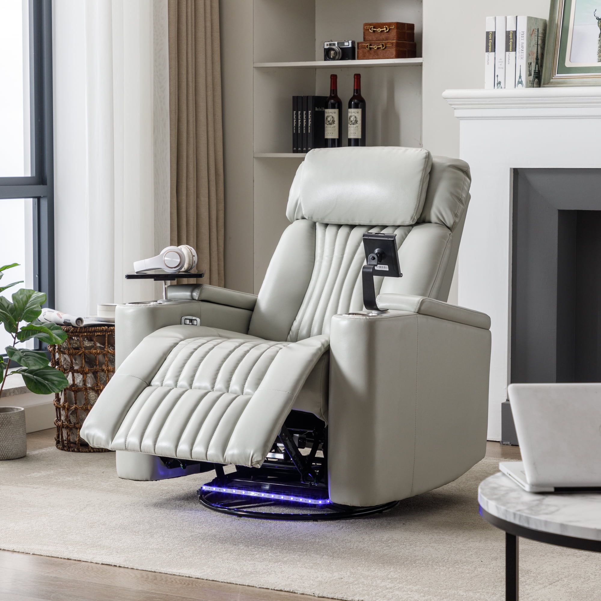 Harper & Bright Designs PU Power Swivel Recliner with Cup Holder, Home Theater Seating with Hidden Arm Storage and LED Light Strip, Grey