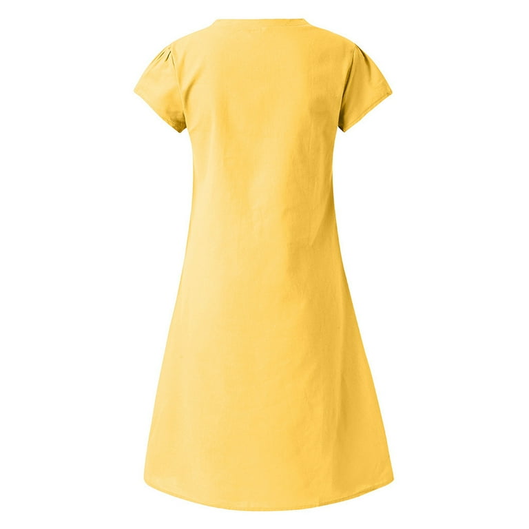 Qqamb Linen Dresses for Women Plus Size Tunic Dresses Summer Cotton Linen Dress Casual Plain V Neck Midi Dress Short Sleeve Loose A-Line Shift Dress