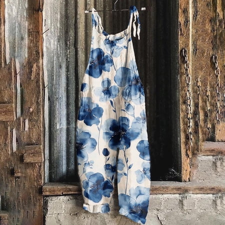Inverlee Floral Print Overalls for Women Blue White Linen Jumpsuits Casual Loose Sleeveless Adjustable Straps Rompers with Pocket Multicolor L