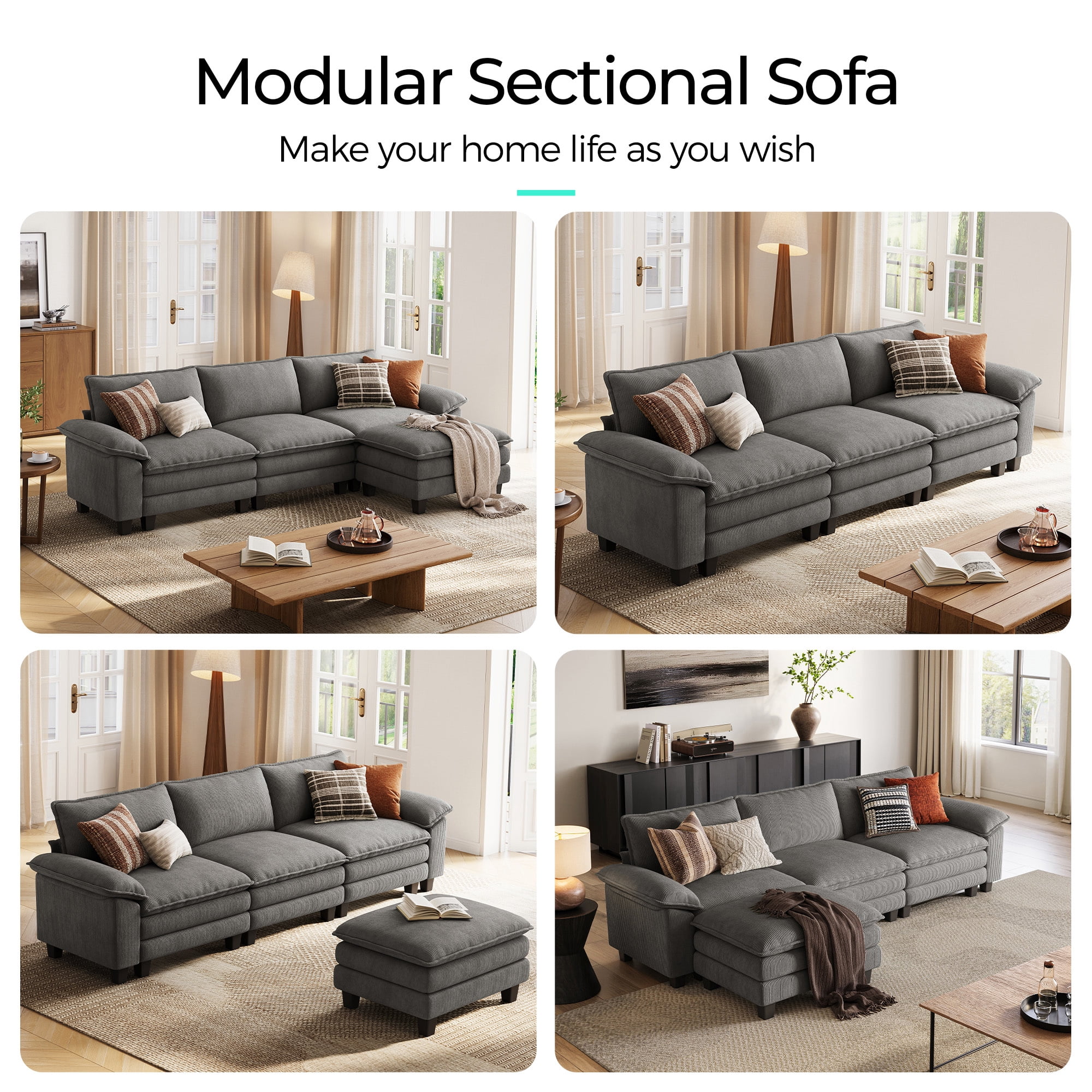 Linsy Home 123" Oversized Modular Sectional Sofa with Movable Ottoman, 3-Seat L Shaped Cloud Couch for Living Room, Grey