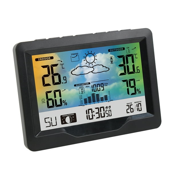 Réveil digital noir affichage prévision météo par icônes - baromètre et  température