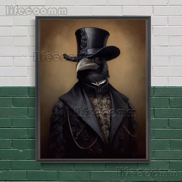 Retrato de fantasía Victoriano de cuervo, Murciélago y gato, arte de pared, impresión en lienzo, estética gótica Witchy, póster, decoración del hogar, sin marco