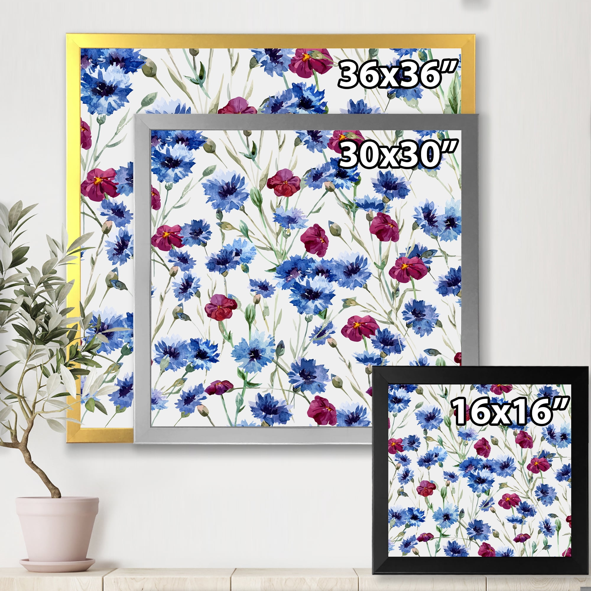 Designart 'Red and Blue Wildflowers' Traditional Framed Art Print
