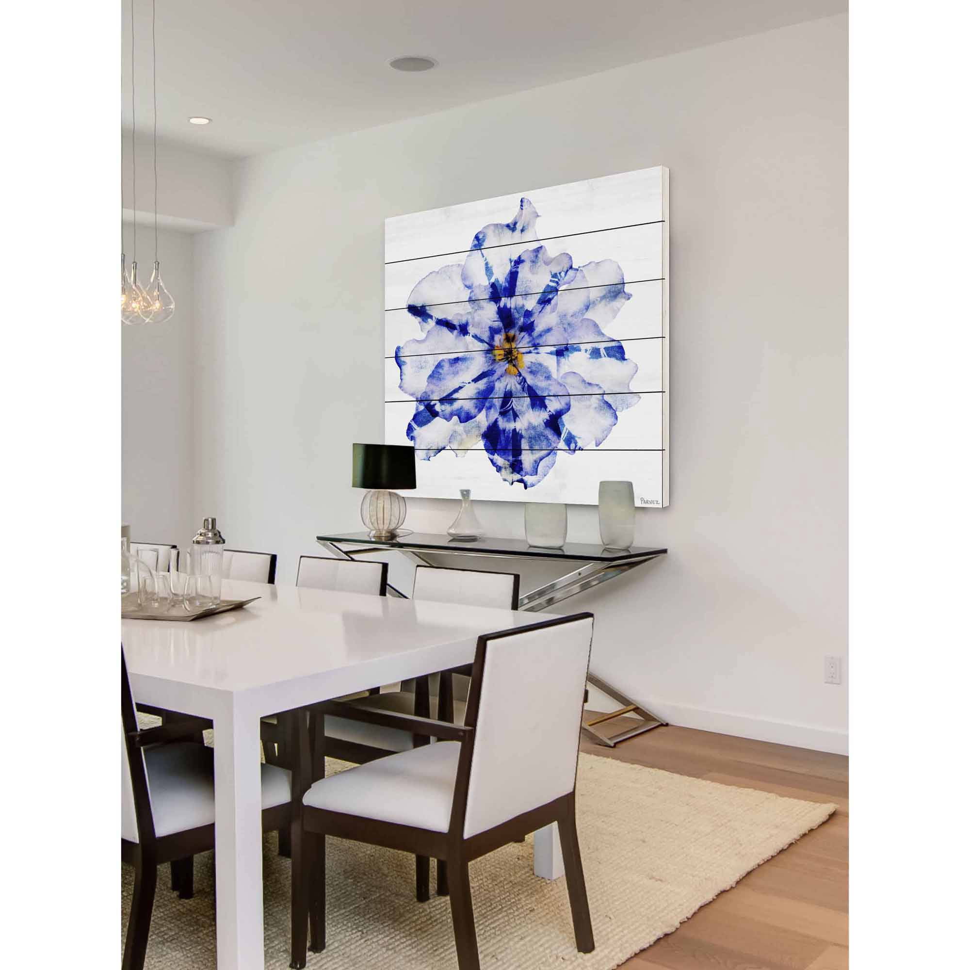 Parvez Taj Blue and White Flower Art Print on White Pine Wood