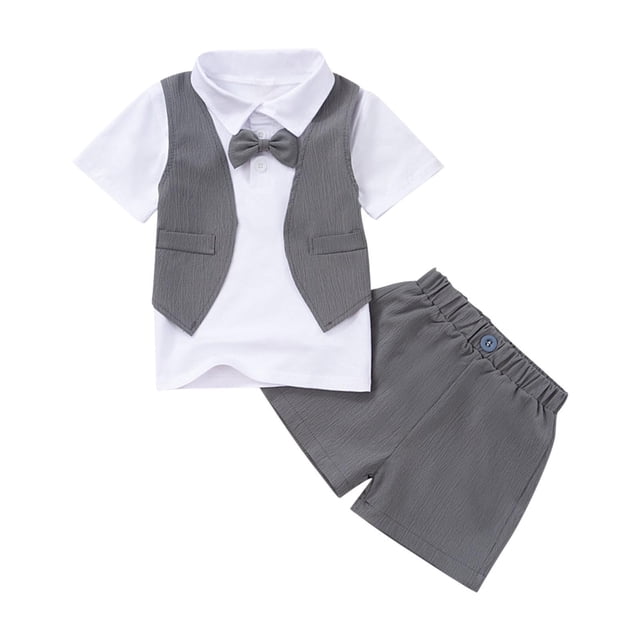 Zpanxa Boys Summer Outfits Chid Short Sleeve Lapel Fake Two-piece Bow Dress Top solid Color Elastic Shorts Set Handsome Dress Set 5 Years