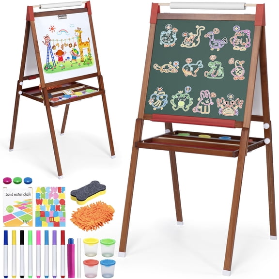 SUGIFT Wooden Kids Art Easel with Double-Sided Magnetic Whiteboard and Chalkboard for Drawing and Painting, Brown