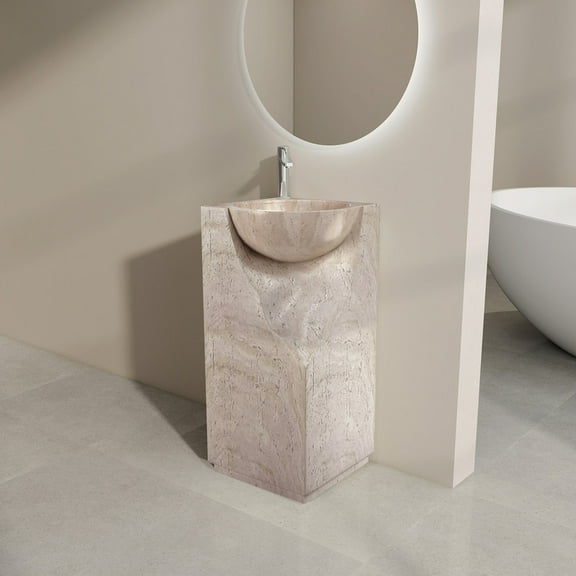 MEDUNJESS 34" Tall Freestanding Bathroom Pedestal Sink Solid Surface Modern Pedestal Sink with Faucet Hole