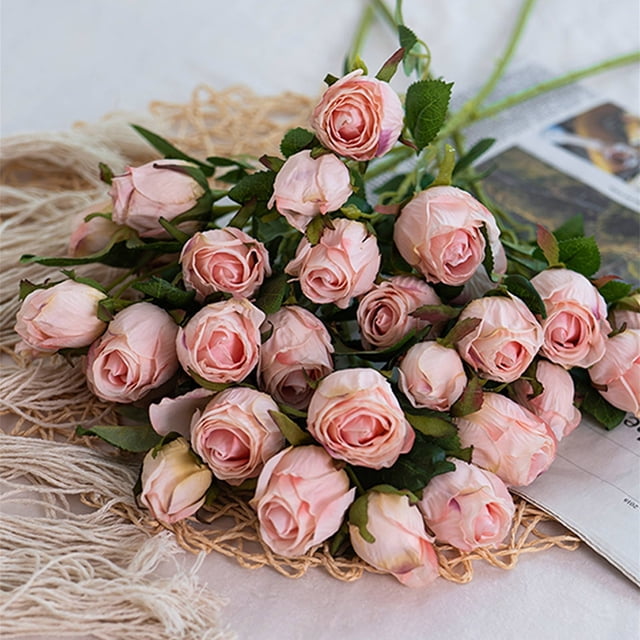 Ramo de Rosas de 7 Cabezas, Estilo Europeo, con Bordes Quemados, para Decoración de Mesa de Sala de Estar y Boda.