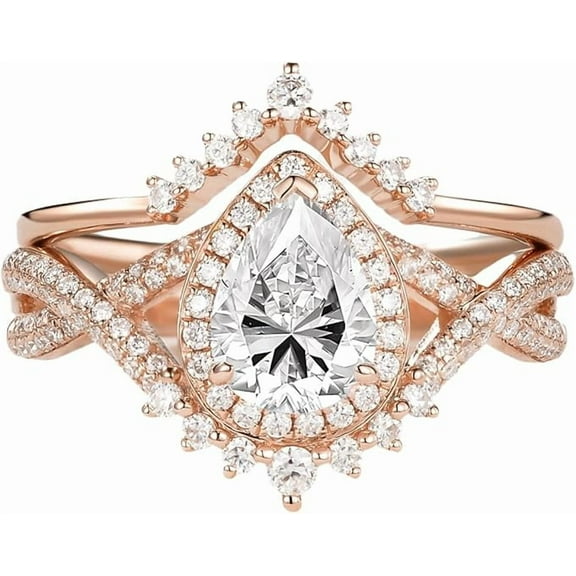 Divine Creation 2.00 Ct Pear Cut White Diamond Wedding Engagement Bridal Ring Set 14K Rose Gold Plated 925 Sterling Silver For Women's -9.5