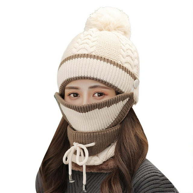 3Pcs/Set Women Winter Woolen Knitted Fluffy Ball Beanie Cap Warm Mask Neck Scarf