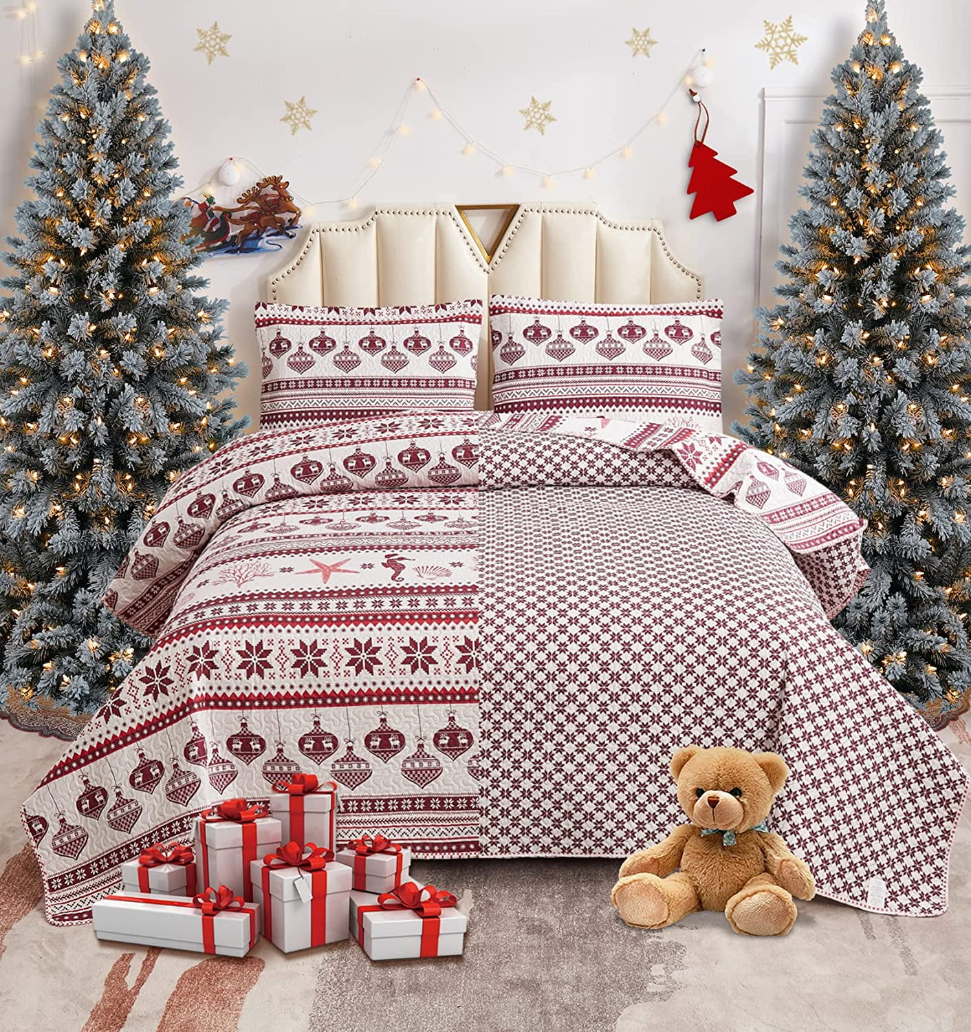 Green Essen Christmas Quilt King Size Reversible Seahorse Bedding Set