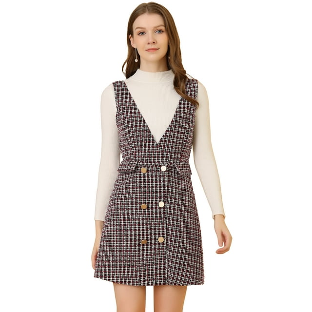 Unique Bargains Jupe à Bretelles Taille Haute à Carreaux pour Femmes, Rouge, m