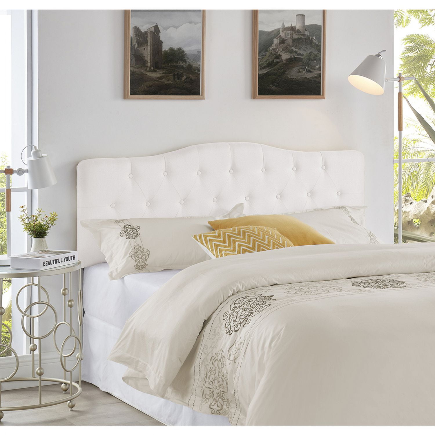 Queen Size Upholstered Button Tufted Headboard with Diamond Tufting, 12 Adjustable Positions, Wall Mounted Linen Fabric Headboard in White