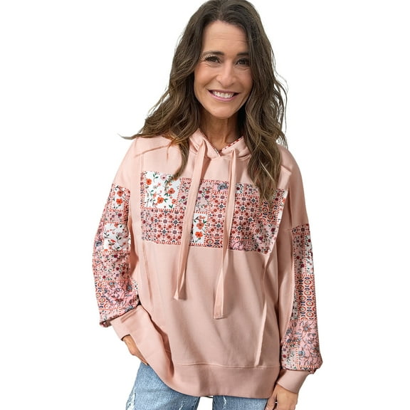 Women's Delicacy Mix Floral Patchwork Hoodie – Casual Drawstring Design for Daily Wear | L