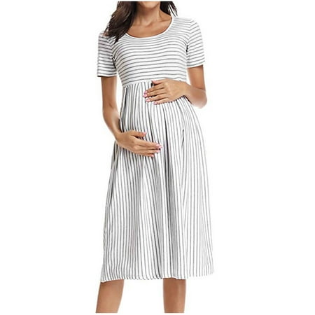 

asdoklhq Maternity Clothes for Women Clearance Woman O-Neck Stripe Short Sleeve Breast-Feeding Pregnant Maternity Nursing Dress