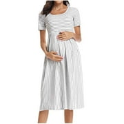 XZNGL Woman O-Neck Stripe Short Sleeve Breast-Feeding Pregnant Maternity Nursing Dress