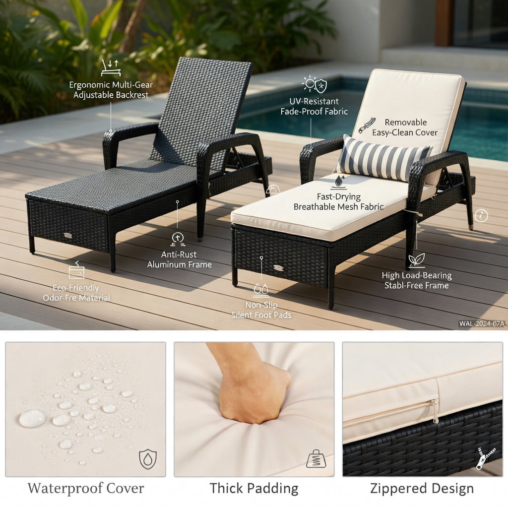 Hommoo Adjustable PE Wicker Chaise Lounge Chair with Lumbar Pillow, Outdoor Patio Recliner, Weather-Resistant Steel Frame, Off-White