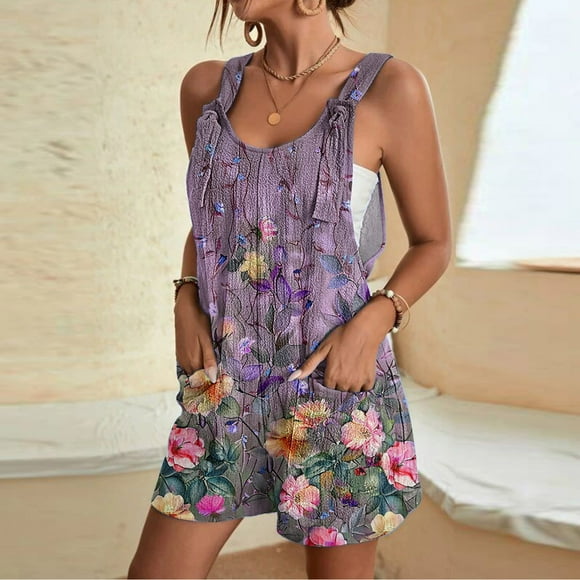 LOVZFMLL Women's Summer Comfortable Casual Suspender Printing Shorts Pocket Jumpsuit Shorts Multicolor M