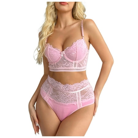 44 Bras for Plus Size Women Work Bras for Women Ladies Lingerie Sexy Hollow See Through Solid Color Jacquard Lace Two Piece Lingerie Set