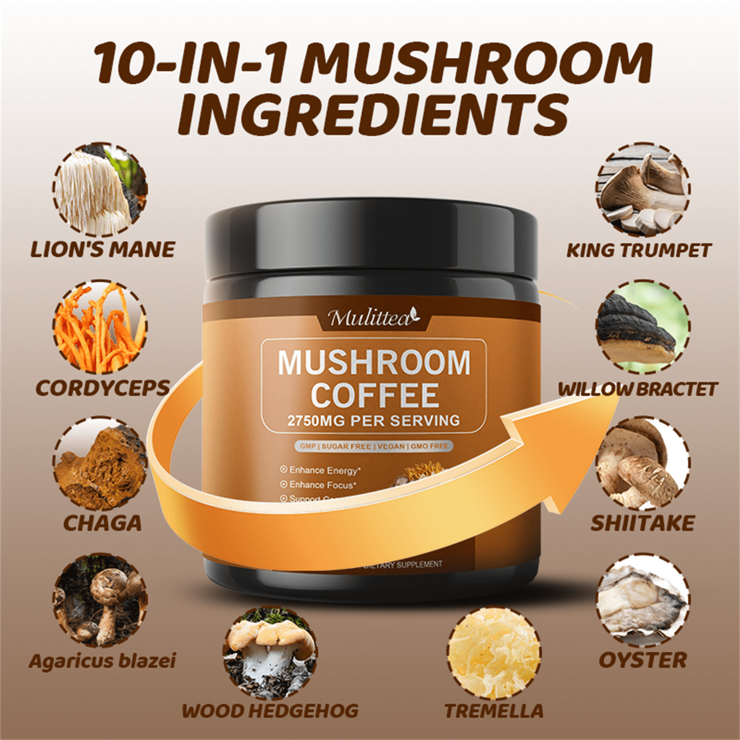 Mulittea Mushroom Coffee with Ashwagandha & Collagen – Lion's Mane, Cordyceps & Chaga Blend for Energy & Immune Support, Focus & Mental Clarity - Sugar-Free Instant Coffee Powder -100 Servings