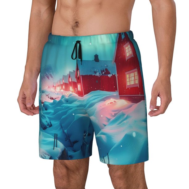 Balery Aurora Borealis Village Bañador para hombre, shorts de playa de secado rápido con entrepierna y forro de compresión-3X-Large