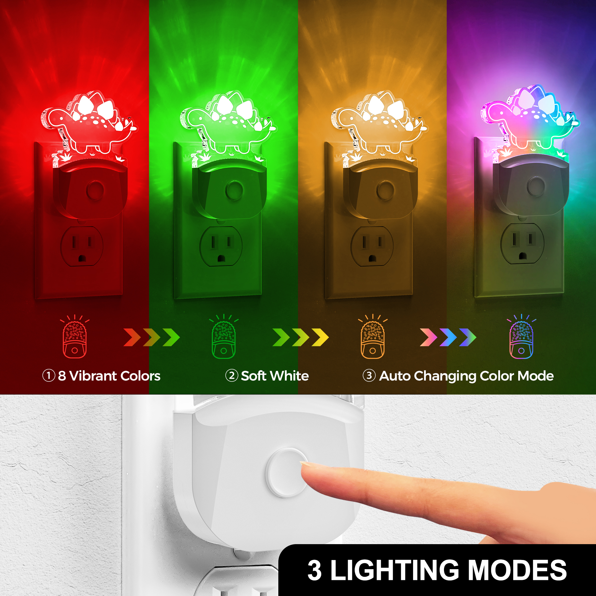 YANSUN Stegosaurus Dinosaur Night Light Plug in, Multicolor RGB + 3000K, 3 Modes, Dusk-to-Dawn Sensor, for Boys' Room, Nursery Decor