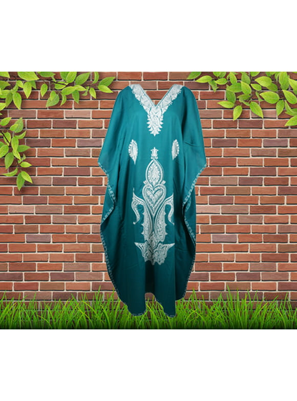 Women's Kaftan Maxi Dress, Green Beach holidays, Lounger, Cotton Embroidered Handmade Caftans, One size