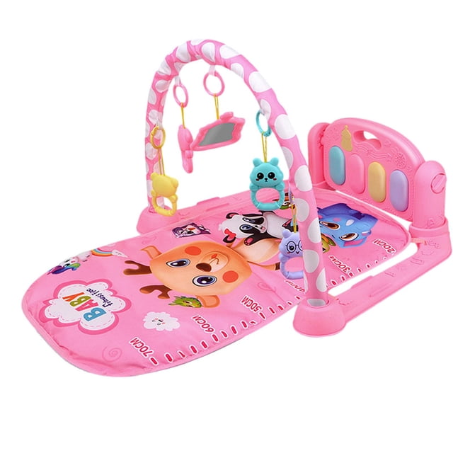 Gimnasio de actividades con tapete de juegos para bebés con juguetes colgantes, tapete de gimnasia con piano para patear y tocar con música y luces para bebés y niños pequeños