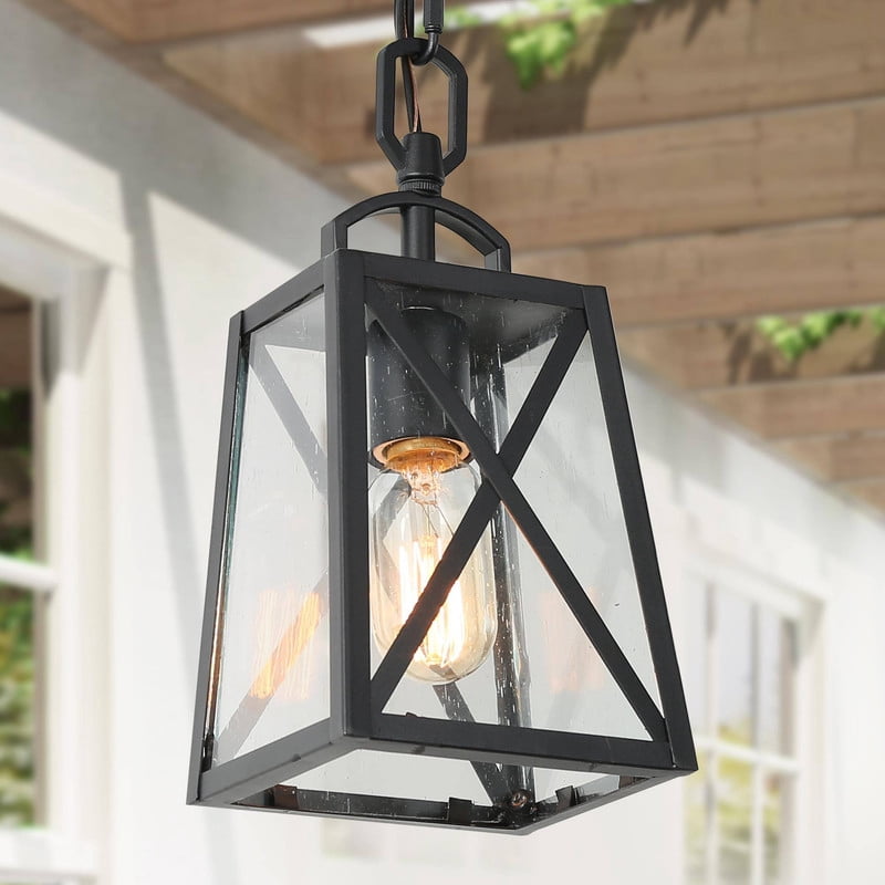 LNC Miyuk 1-Light Matte Black and Seeded Glass Modern Square LED Mini Pendant Light,11"H