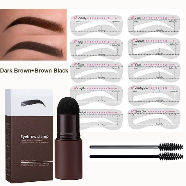 Ensemble de 2 Tampons et Pochoirs pour Sourcils Brun Foncé + Brun Noir, Ensemble de Mise en Forme en une Étape avec Tampon à Sourcils Imprimé sur les Sourcils, Styliseur de Sourcils Imperméable, Tampon à Sourcils Longue Tenue, 10 Pochoirs Réutilisables