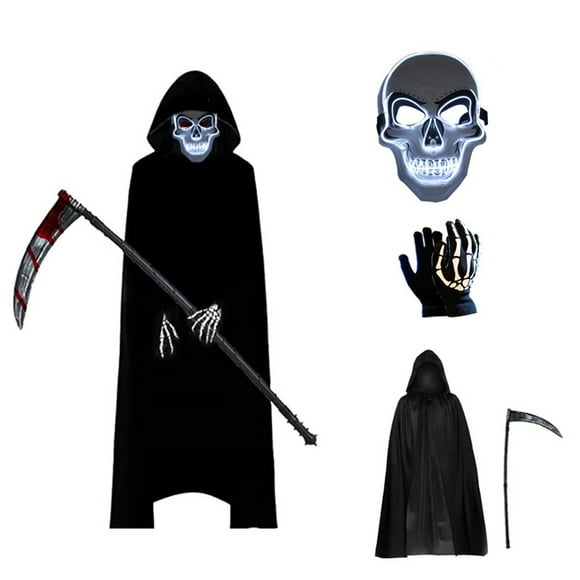 SUNSIOM Halloween Grim Reaper Costumes Black Hooded Cape Light up Facewear and Gloves Scythe for Men Cosplay Party Outfits