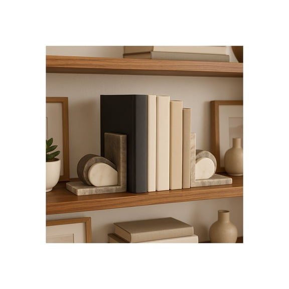 Decorative Eared Onyx and Marble Bookends - Modern Elegant Book Accessories and Bookshelf Decor - Stylish Book Ends for Office Space, Desk Accent, or Home Library - Set of 2, 6", Ivory & Tan
