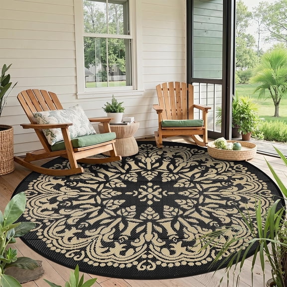 Round Outdoor Patio Rug 8 Ft Waterproof Reversible Straw-Style Area Rug for Porch Deck Balcony