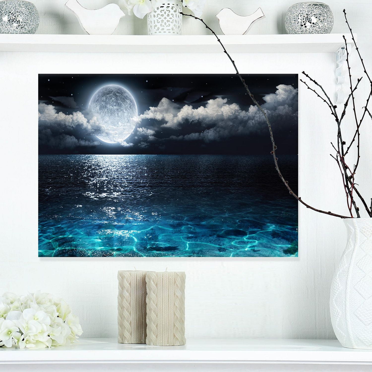 Designart Pleine lune romantique sur la mer Art mural sur toile
